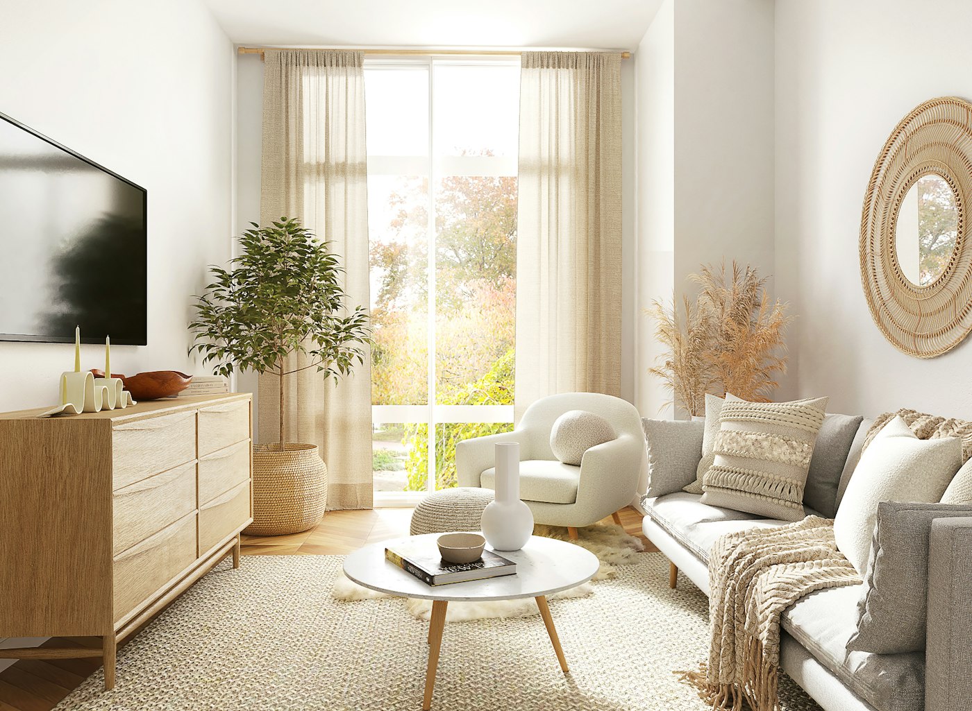 Helles Wohnzimmer in Naturtönen mit Sofa, Sessel und Zimmerpflanze