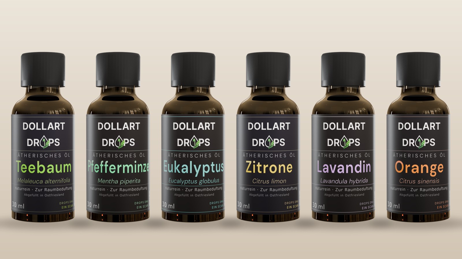 Alle sechs DOLLART DROPS Öle in 30-ml-Braunglasflaschen nebeneinander, von Teebaum bis Orange