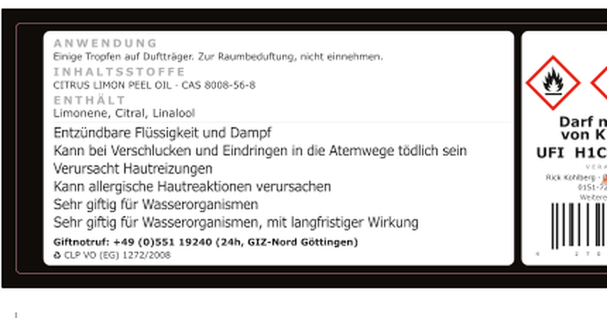 Ausschnitt aus dem echten Zitronenöl-Etikett von Dollart Drops mit der Zeile: Enthält Limonene, Citral, Linalool